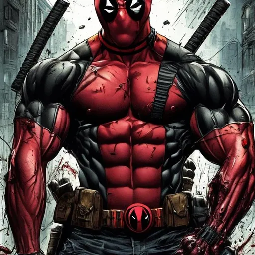 Prompt: Deadpool venom variant. muscular. dark gritty. Bloody. Hurt. Damaged. Accurate. realistic. evil eyes. Slow exposure. Detailed. Dirty. Dark and gritty. Post-apocalyptic. Shadows. Sinister. Intense. 