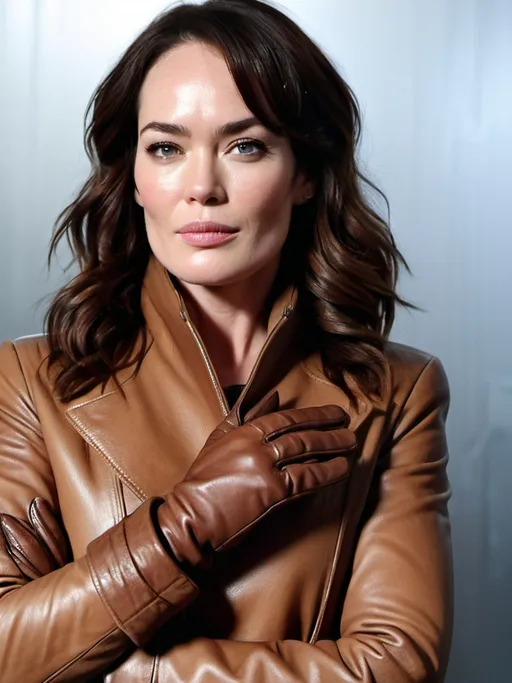 Prompt: Lena Headey,  brown leather coat and waving her very long leather gloves, detailed face, high-quality, professional, detailed eyes,  realistic, intense gaze, celebrity,, , professional lighting, detailed facial expression, high resolution, intricate details, realistic skin tones, professional photography