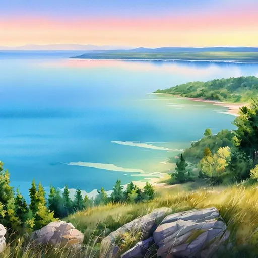 Prompt: vast scenic view Lake Michigan Bay landscape with very wide angle, looking from behind and below, full body visible,

semi watercolor painting, digital painting, precise brush strokes, precise brush outlines,
