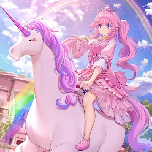 Prompt: A young princess is riding a pink unicorn into the rainbow