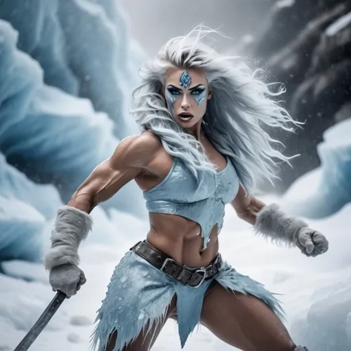 Prompt: a warrior drag queen with defined biceps and icy blue eyes, ultra-muscular, hair flowing in the wind, in a frosty glacier setting, fierce fighting stance, cold and icy knuckles, and snowstorm ambiance, photographed in shades of frosty blues and whites, inspired by Frank Frazetta's style, combat scene, dynamic lighting.