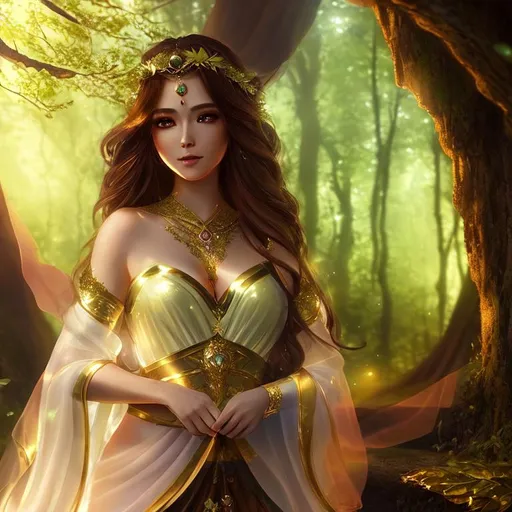 Prompt: Cinematic, Dark, Glamor, Shimmer, 3D HD Heroic Faded-Leaves and silk (Beautiful detailed face{Goddess}female with brown hair dressed as Princess), Morning, hyper realistic, 8K expansive Magical forest background --s99500