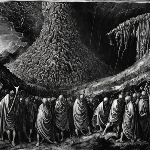 Prompt: dante's inferno inspired depiction of the apocalypse. faces are obscured. god is not merciful. show me what destroys earth. is there hope? I do not know. use color. people are looking towards something. They are reaching. there is something there.