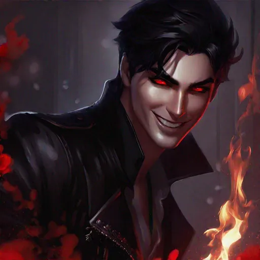 Prompt: Damien (male, short black hair, red eyes) grinning sadistically