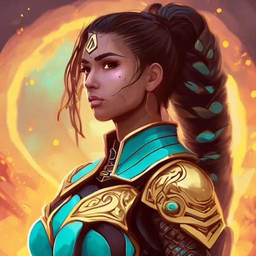 Prompt: hyper realistic brown eyes Latina woman fighter healer mage proportional  no hands focused small chest long black hair straight turquoise and gold armor confident woman 30 years old fierce sunset spacebun 