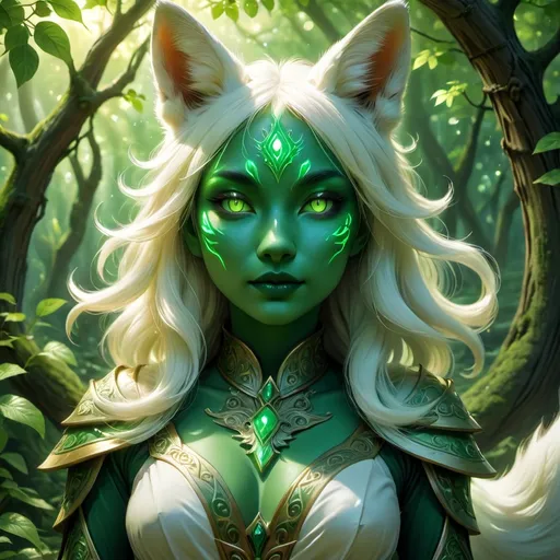 Prompt: Female human kitsune, striking green human face with elegant fox-like features, mystical aura, intricately detailed with vibrant emerald tones, glowing ethereal eyes, enchanting expression, lush forest background, soft dappled sunlight filtering through leaves, captivating and whimsical atmosphere, ultra-detailed style, fantasy theme, magical essence, high-resolution 4K image.