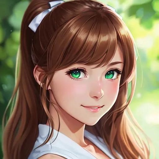 Prompt: Closeup face portrait of monika from doki doki literature club, smooth skin, bright green eyes, soft brown hair, white bow trying it hair into a ponytail, intense lighting, detailed face, by makoto shinkai, stanley artgerm lau, wlop, rossdraws, concept art, digital painting, looking into camera, bright smile