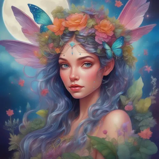 Prompt: A vibrantly and brightly coloured and colourful and beautiful head to toe Persephone as a fairy with iridescent fairy wings; with succulent, feathers and gems in her hair. In a beautiful flowing dress made of plants. Surrounded by tiny fairies and clouds, in a painted style in a hyperrealistic Disney style framed by the constellations and the moon