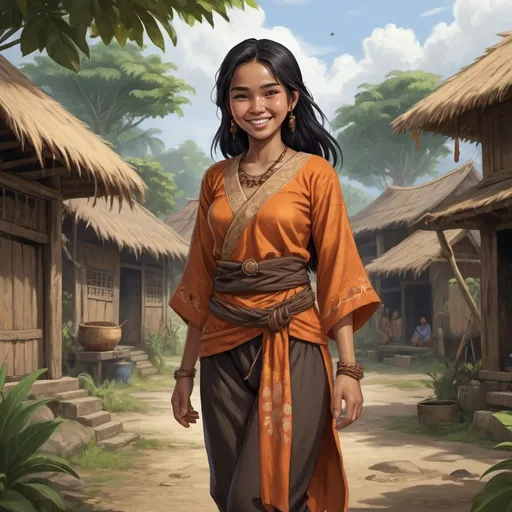 Prompt: Full body, Fantasy illustration of a female indonesian village girl, 17 years old, tawny  orange-brownish skin color, joyful expression, traditional garment, black hair, high quality, rpg-fantasy, detailed, indonesian village background