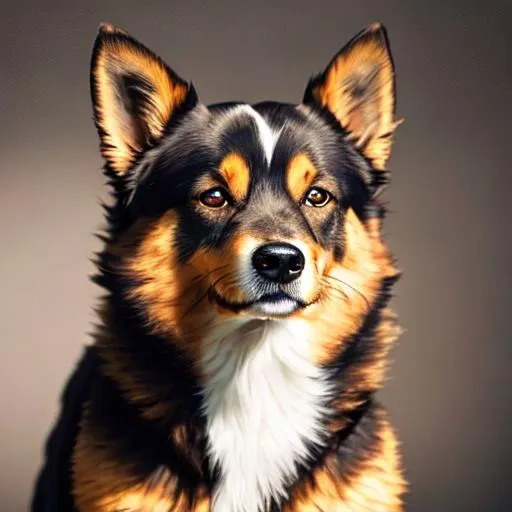 Prompt: 8k, UHD, masterpiece, best quality, trending on artstation, hyperrealistic, Portrait of a {beautiful dog}, , dreamy curious brown eyes, intricately detailed vibrant black fur, large pointy brown ears, curious innocent smile, , golden fur lighlights, in an enchanted forest, soft light, studio lighting, sharp focus, intricately detailed fur, brilliant detailed eyes, beautifully detailed face, beautifully detailed background, perfect composition, sharp focus, unreal engine, intricately detailed mouth and teeth, 