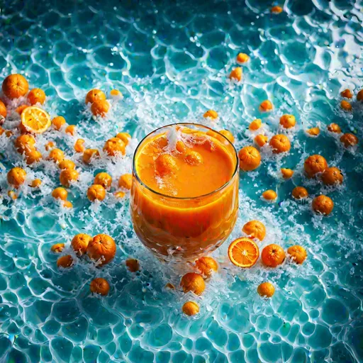 Prompt:  " Top View "
image that prominently features Orange Juice as its subject. style should exude a sense of freshness and the lively vibes of summer, characterized by a palette of vibrant and vivid colors. showcase the orange juice glass situated on a floating surface within a pool. To add scattering of oranges floating around the glass.  " Top View "
