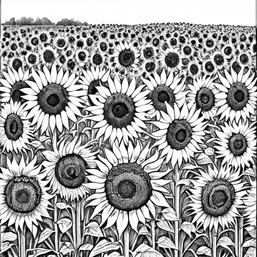 Prompt: Black and white coloring page of sunflowers