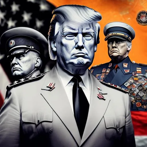 Prompt: Creepy Fascist dictator Donald Trump, Orange Mussolini in Uniform, millitary ribbons, stars and stripes, detailed realistic style  