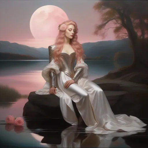 Prompt: Third-person, full body of character in view, Baroque oil on canvas painting of an ethereal, unnaturally pale-skinned Fantasy Supermodel with rose gold pinkish hair, long wavy hair, silver armor, sitting by a Lake with a Full Moon overhead.