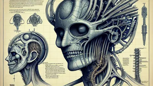 Prompt: technical drawing blueprint Futurism art style infographics exploded view of  biomechanical head of donald trumo  by hr giger combined with Zdzislaw Beksinski and Ed Binkley, retro, infographics, marginalia, detailed exploded view, 1950's popular mechanics poster, retrofuturistic
