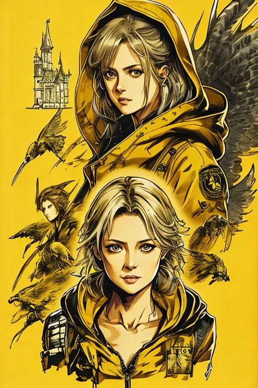 Prompt: (((Yoji Shinkawa))), sticker of ultra detailed portrait of Denise Gough, 67 years old, in yellow hooded tunic. high quality cell shaded illustration in fantasy apocalyptic style by Yoji Shinkawa, ((full body)), dynamic pose, perfect anatomy, castle setting, magician, centered, freedom, soul, grey short hair, approach to perfection, cell shading, 4k , cinematic dramatic atmosphere, watercolor painting, global illumination, detailed and intricate environment, artstation, concept art, fluid and sharp focus, volumetric lighting, cinematic lighting, Art by Yoji Shinkawa,