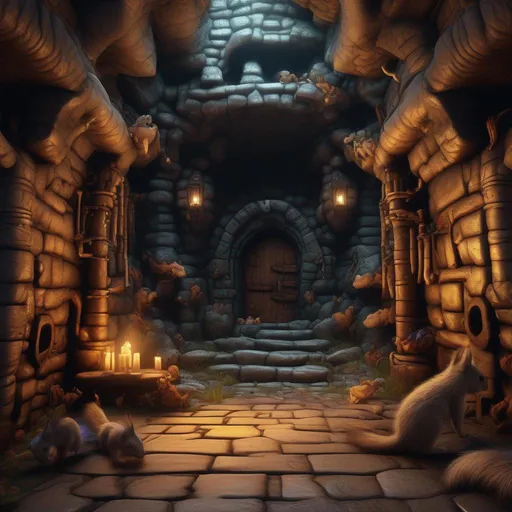 Prompt: In Image, Create a highly detailed, ultra high definition, photo-realistic, intricately detailed textures, image of a dungeon with 2 passageways, a right and a left way to go, with many bones on the floor, dark features, cave. many small brown squirrels running around, Full body, centered, fantasy setting, character concept, cinematic, colorful background, concept art, dramatic lighting, highly detailed, hyper realistic, intricate sharp details, octane render, smooth, ultra studio lighting, perfect shading and shadows, trending on art station, 64k, HDR, unreal engine, emotive, cgi, animated, character art, iridescent, metallic.