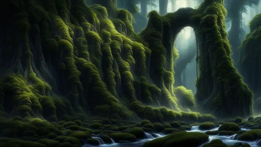 Prompt: An ancient mystical forest illuminated by moonlight, with tall trees, moss-covered rocks and a small clear stream, based on a fantasy novel, high resolution, high detail