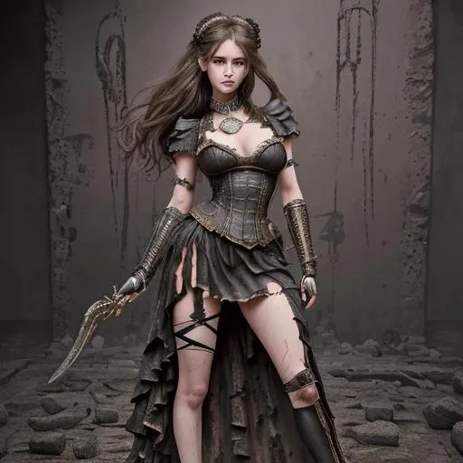 Prompt: splash art, hyper detailed perfect face, full body, In an ultra realistic ancient Greek battle zone,

beautiful, young adult, Victorian Era, goddess, full body, long legs, perfect body,

wearing a torn filthy and ragged dress, heavy iron steampunk collar, blade master, in an offensive pose,

high-resolution cute face, perfect proportions, intricate hyper detailed hair, light makeup, sparkling, highly detailed, intricate hyper detailed shining eyes,

Dark, ethereal, elegant, exquisite, graceful, delicate, intricate, hopeful, glamorous,

HDR, UHD, high res, 64k, cinematic lighting, special effects, hd octane render, professional photograph, studio lighting, trending on artstation