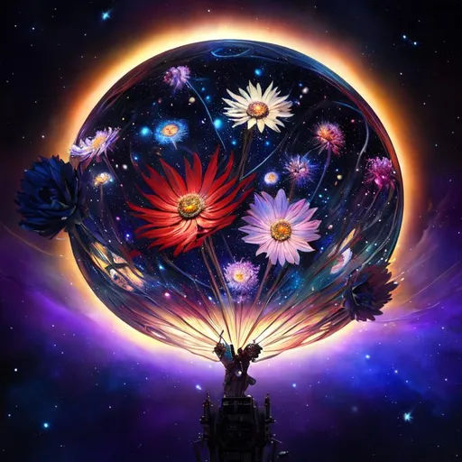 Prompt: An epic fantastic realism comic book style painting of the most beautiful spinning flowers launched across the dark and starry night sky, floating bouquets, fisheye, unreal 5, DAZ, hyperrealistic, octane render, dynamic lighting