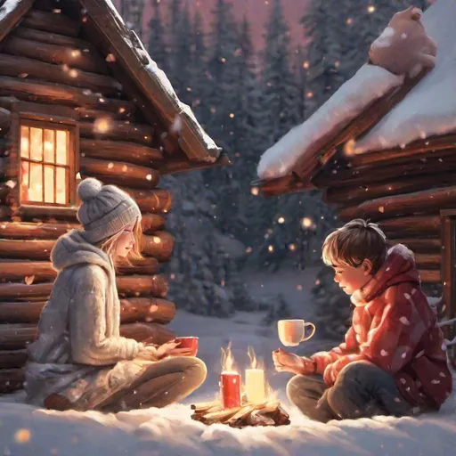 Prompt: there's nothing in this world that can express how much i love you, glow, love, hearts, boy and girl couple inside a log cabin snuggled up together in front of a log fire trying to keep warm, wrapped in blankets with hot coco besides them, white, silvery snow outside 