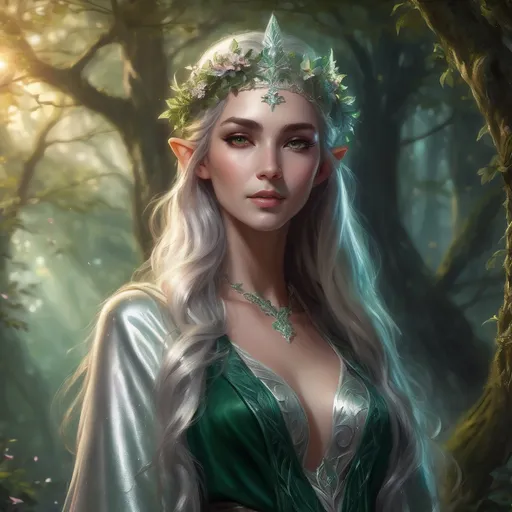 Prompt: Adult slim female elf royalty, graceful posture, ethereal elegance, adorned in intricate silver and emerald robes, wearing a delicate crown, long flowing hair adorned with flowers, serene expression, surrounded by enchanted forest backdrop, magical soft lighting highlighting her features, enchanting atmosphere, mystical aura, ultra-detailed, high quality.