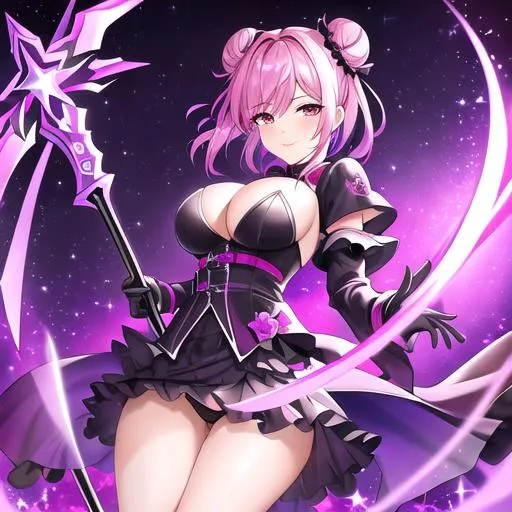 Prompt: high quality art of a female death reaper with short hair, two buns hair, wearing pink-purple clothes, pink hair, smiling, two purple star tattoos on cheeks, nasty, goth, emo, looking towards the viewer, dark sky background with stars and foggy clouds, holding a very long black and red scythe, 8k, high quality, digital painting, sparkles, arms visible, perfect composition, hyperrealistic, super detailed, 8k, high quality, sharp focus, intricate details, highly detailed, dynamic lighting, detailed and intricate environment, short hair