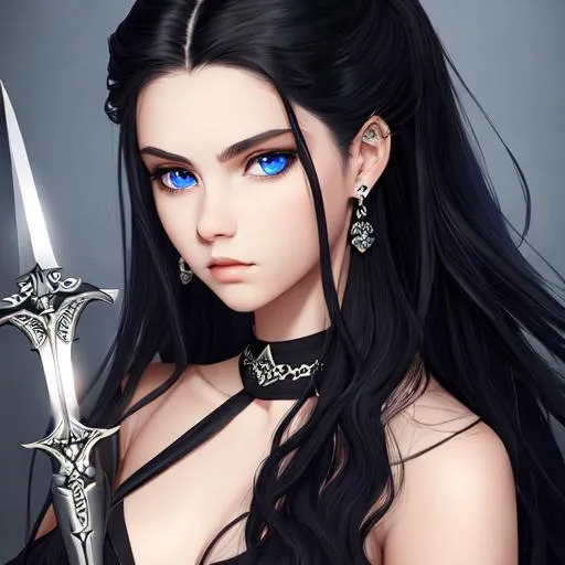 Prompt: An insanely beautiful girl around 16 years old. wearing black skull earrings. holding a sharp dagger in one hand. perfect anatomy, symmetrically perfect face. beautiful deep blue eyes. beautiful long black wavy hair. hyper realistic. no extra limbs or hands or fingers or legs or arms.