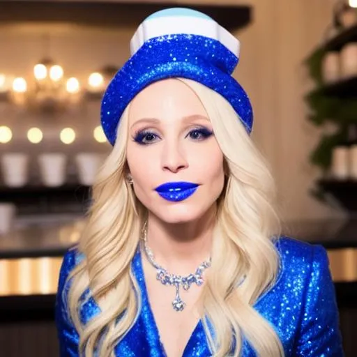 Prompt: Kellyanne conway, Kristen Bell, Kayleigh Mcenany eating frosty blue cake together, inside temple bakery,  blue lipstick, pleasant face, blue eyes, Black eyeshadow, Sugar Hat, extremely large ice cream earrings. Wide Blue heart necklaces, Cold color scheme, ultradetailed, 8k resolution, perfect, smooth, high quality, shiny. 