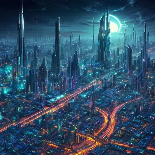 Prompt: A sci-fi city full of futuristic style, hyperrealistic and hyperdetailed sky-scrappers, clock towers, buildings and Christian Orthodox Churches, placed deep into the dominant jungle of dazzling ultra-detailed palm trees, Full HD Nebula Moon Sky in the intricately detailed background, digital art masterpiece, perfect image composition, Sci-Fi style, Blue Liquid atmosphere, highest quality of details and design, Unreal Engine 5, CryEngine, Ultra HD 1024K, Octane 3D, clarity, harmony, hierarchy, order, symmetry, rhythm, axis and proportions.