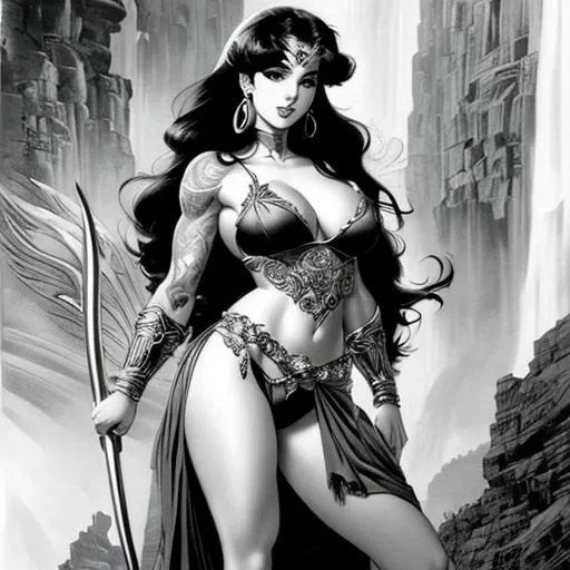 Prompt: full body drawing by J. Scott Campbell and frank frazetta, Attractive greek goddess,  the highest quality masterpiece, centerfold photogrophyt,  line art, photorealistic, ultra detailed, tatoo-style, perfect face, black and white shading, pencil drawing, perfect lips and eyes
