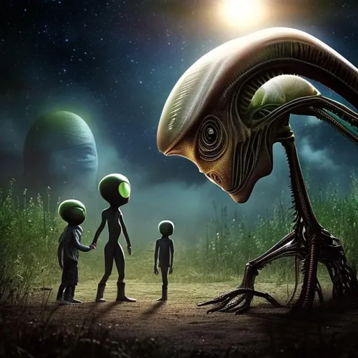 Prompt: alien life visiting the earth and making contact with a young boy
