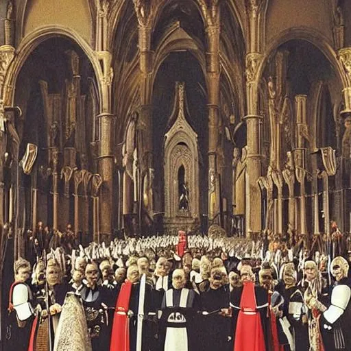 Prompt: 
architectural aesthetics and imperial dress from the "Star Wars" movies, along with the medieval "Catholic Gothic" aesthetic. Military pomp. Catholic Saints and Catholic Martyrs. Exer. Army with generals and emperor. many people in the picture in the image in a large hall
