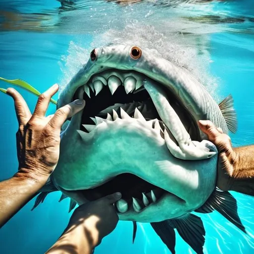 A big fish eating the hand of a person swimming | OpenArt