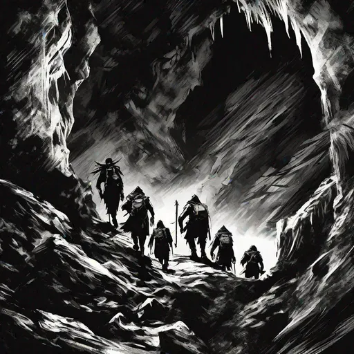Prompt: a group of desperate adventurers descending into the shadow dark artistic black and white