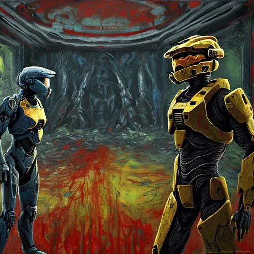 Prompt: Master Chief and Cortana from Halo  in the Red Room from Twin Peaks painted in the style of Jackson Pollock