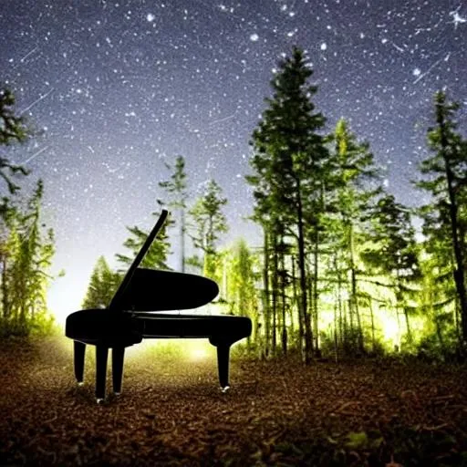 Prompt: A single grand piano in the middle of the forest illumated by fireflies 
