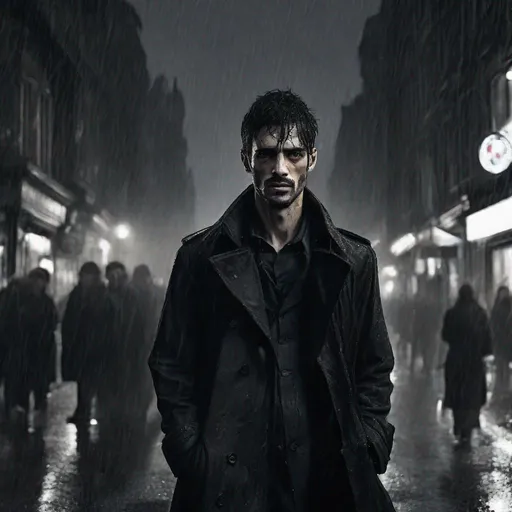 Prompt: show me a wide framed picture of A skinny black haired man with facial stubble in a rugged looking black trench coat looking beaten and battered and a scar across his cheek.  walking down a gothic rundown street in the middle of the night with a slight drizzle of rain hidden in a crowd of rugged looking people facing the camera