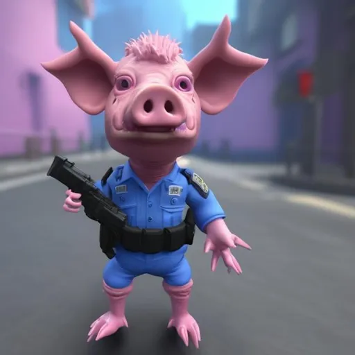 Prompt: A pink-skinned, zombfiede humanoid pig-police officer in full, blue uniform.