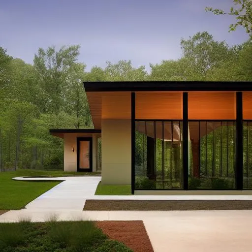 Prompt: Phillip Johnson design a beautiful single-story house, all windows across the outside
 5000 square feet, Feng Shui