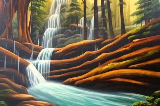 Prompt: wood with waterfall painting
