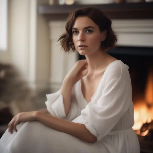 Prompt: dnd a woman with short wavy short hair and grey eyes and a freckled face wearing a simple white dress in front of a fireplace 