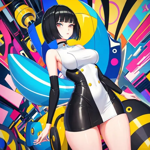 Prompt: a lonely AI girl, very tall, thick thighs, wide hips, long legs, slender waist, big eyes, bob haircut with bangs, colorful Cubism art style, 12K resolution, hyper quality, hyper-detailed, depth of field