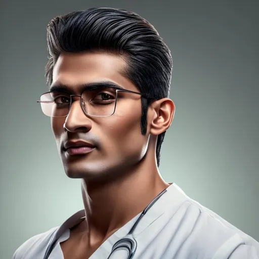 Prompt: blend of artistic portrait and 3d 
 realistic animation  4k realistic image of a Handsome Fair skinned Young 25years indian doctor chiseled square jaw in casual clothes and spectacle character description shot portrait 85mm --AR 9:16