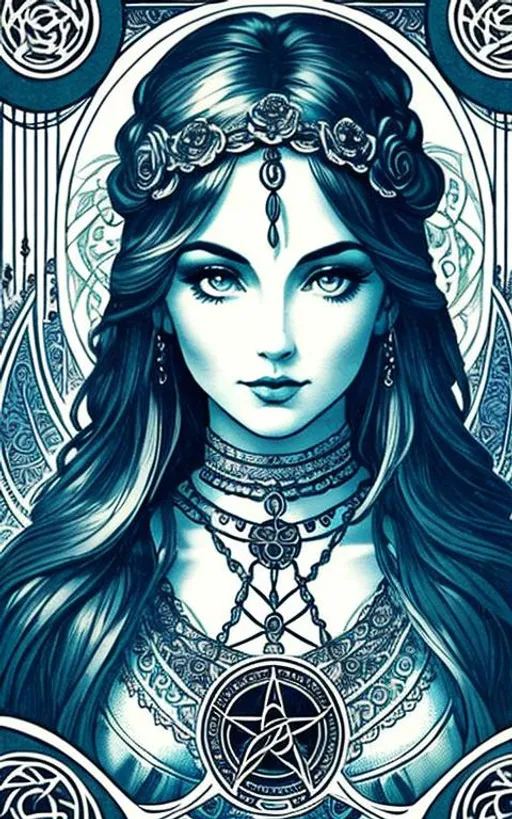 Prompt: pagan tarot card style + goddess portrait, vintage detailed illustration, pentagram + intricate Celtic ink illustration + symmetry + bloodborn  