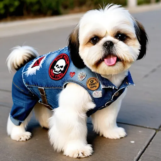 Prompt: Shih Tzu wearing a heavy metal music denim vest with patches