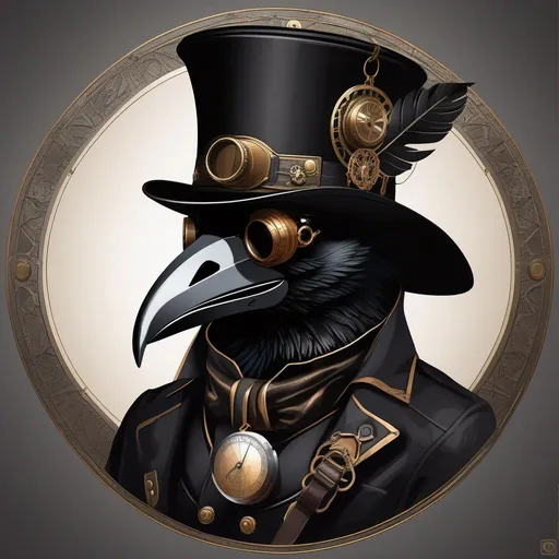 Prompt: steampunk anthropomorphic crow, black plague mask  Artstation illustrators, intricate details, face, full body portrait, dim light, illustration, UHD, 4K