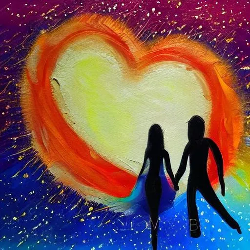 Prompt: Two people deep and spiritually in love enlightened while the whole universe is connected and intune abstract and oil painting with a beautiful universe background 