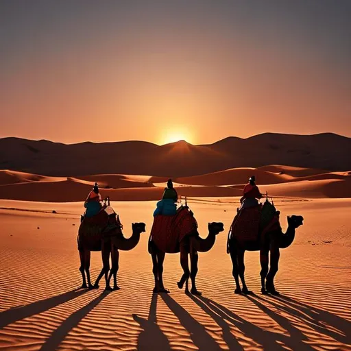 Prompt: Sunset, mongolia, desert, camel, 
