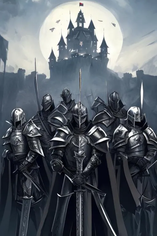 Prompt: A group of knights wearing predominantly black armor with white accents holding swords with a castle as background in an anime art style